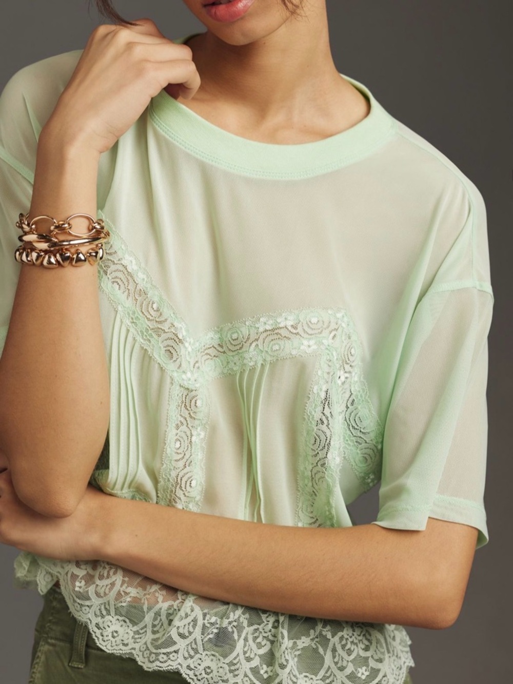 Anthropologie Dolan Short Sleeve Sheer Lace Blouse Mint Green NEW Size Medium - Picture 2 of 9